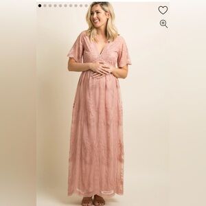 Light Pink Lace Mesh Overlay Maternity Maxi Dress